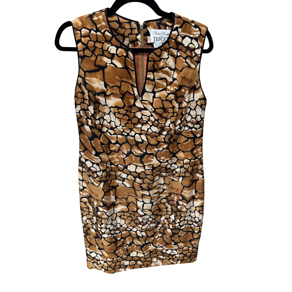 Teri Jon Dress Women 8 Brown Richie‎ Freeman Linen Animal Print Shift Sleeveless